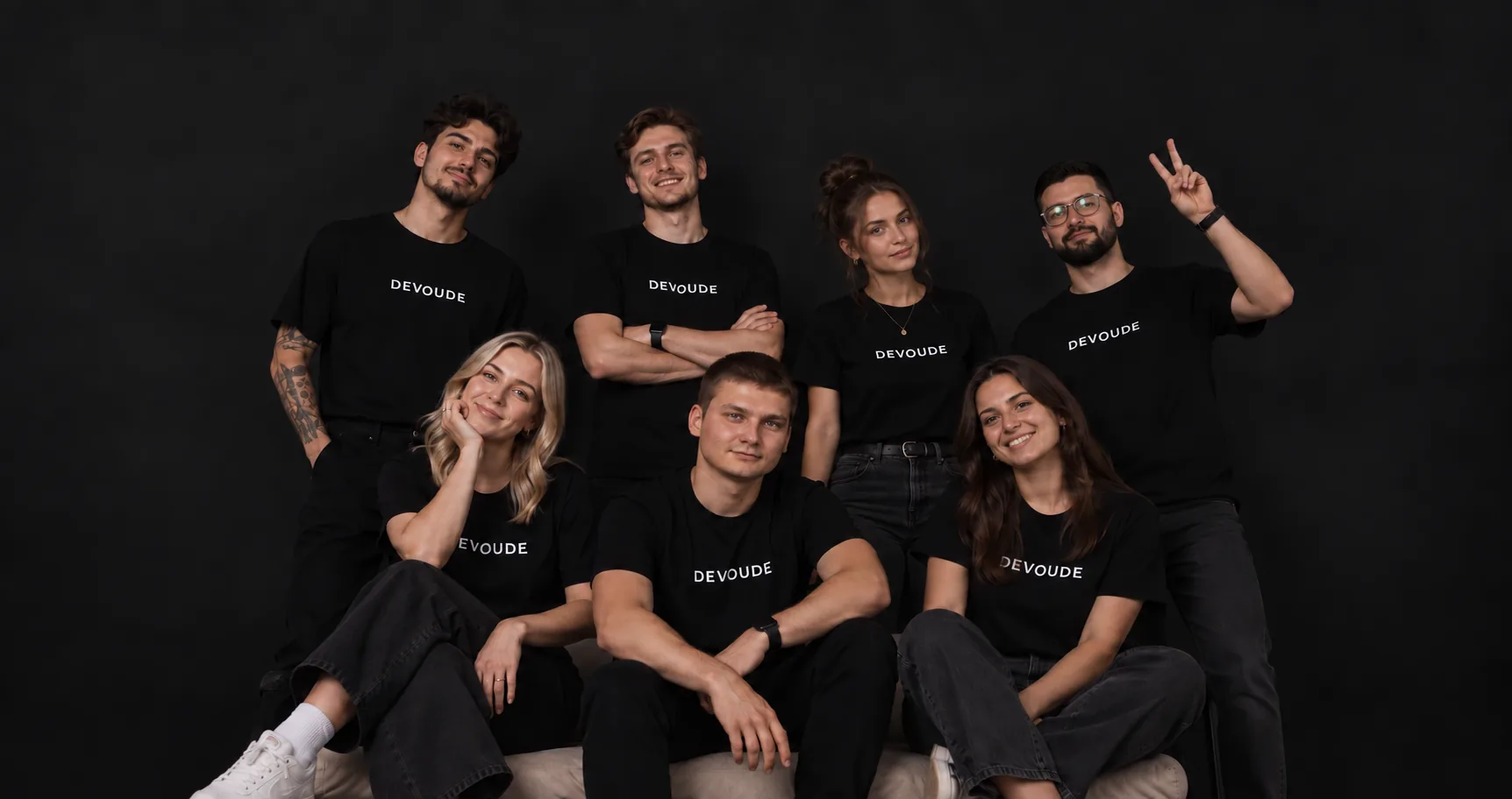 The Devoude team in studio T-shirts